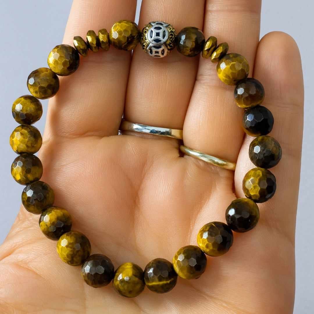 Tiger Eye Bracelet 8mm Faceted with Hematite |Gift for Men & Women EMF Shield