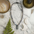 Labradorite Necklace 925 Silver Fleur-de-Lis Pendant | 8mm Hand-Knotted Beads