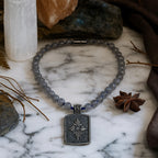 Labradorite Necklace 925 Silver Fleur-de-Lis Pendant | 8mm Hand-Knotted Beads