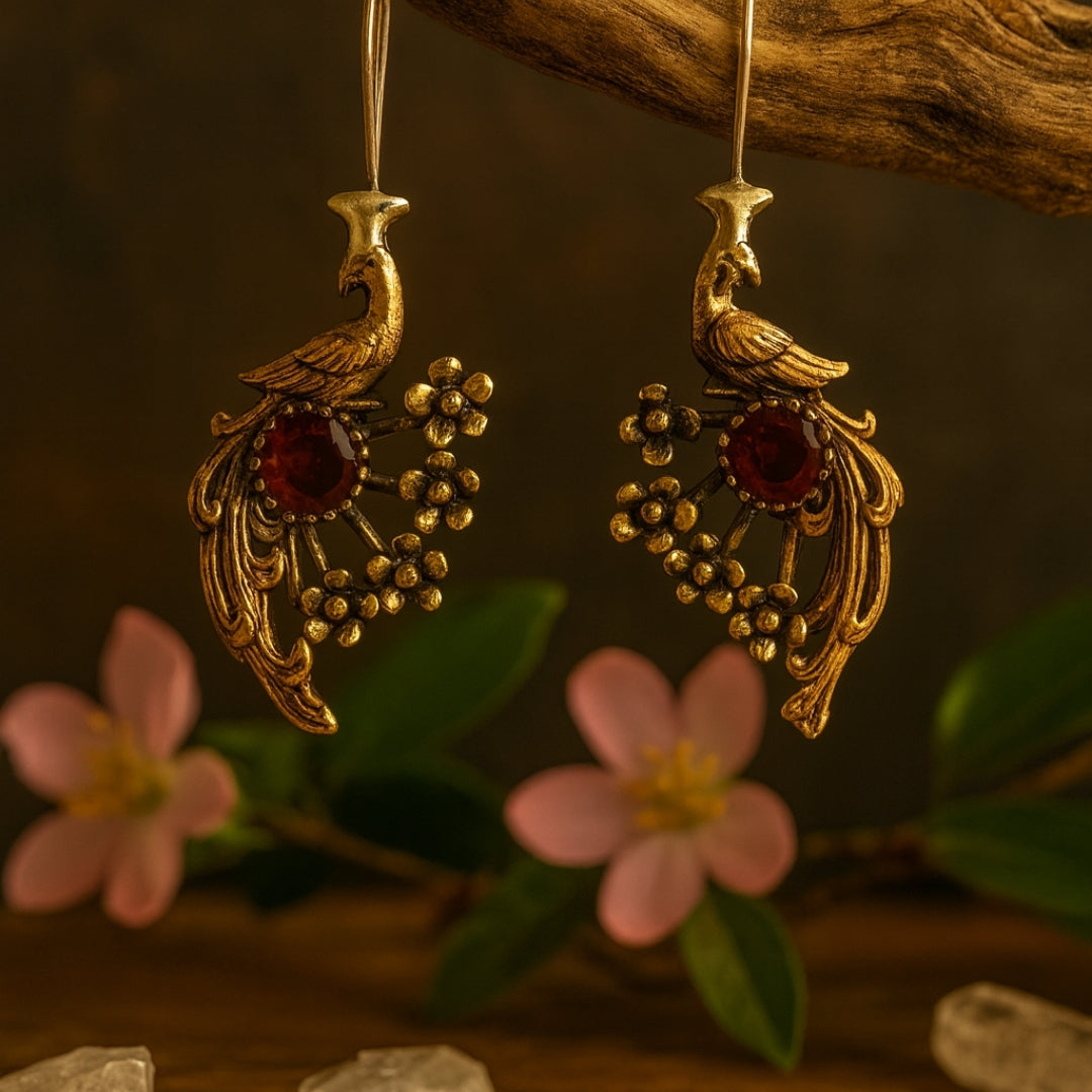 Ruby Peacock Earrings | Solid Sterling Silver Mystic Jewelry | Juno’s Phoenix Ruby | Legend of the Phoenix Rebirth | Spiritual Gift for Her