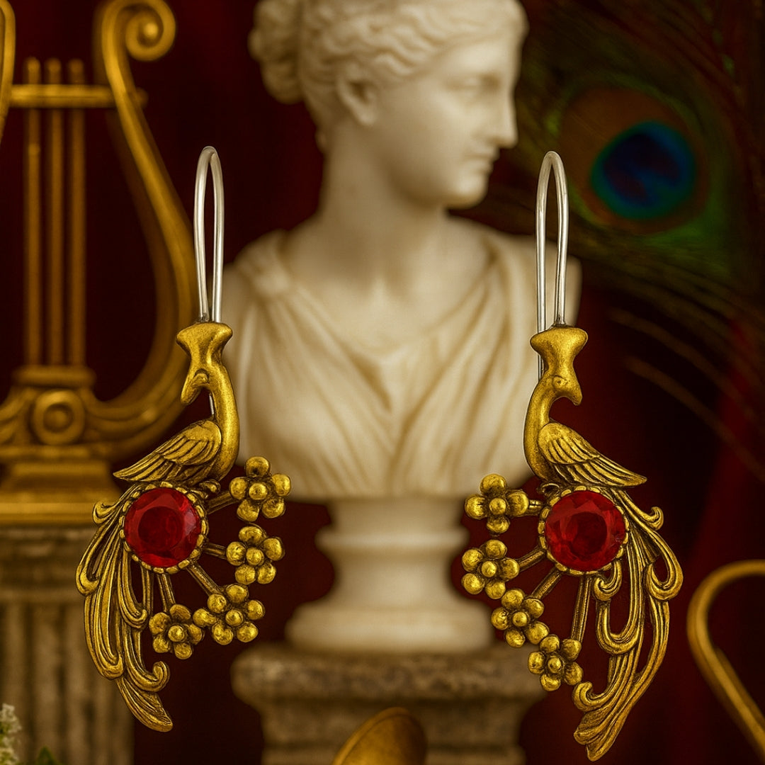 Ruby Peacock Earrings | Solid Sterling Silver Mystic Jewelry | Juno’s Phoenix Ruby | Legend of the Phoenix Rebirth | Spiritual Gift for Her