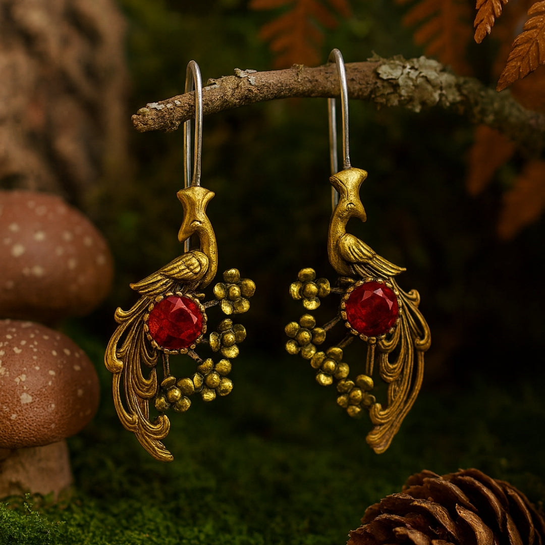 Ruby Peacock Earrings | Solid Sterling Silver Mystic Jewelry | Juno’s Phoenix Ruby | Legend of the Phoenix Rebirth | Spiritual Gift for Her