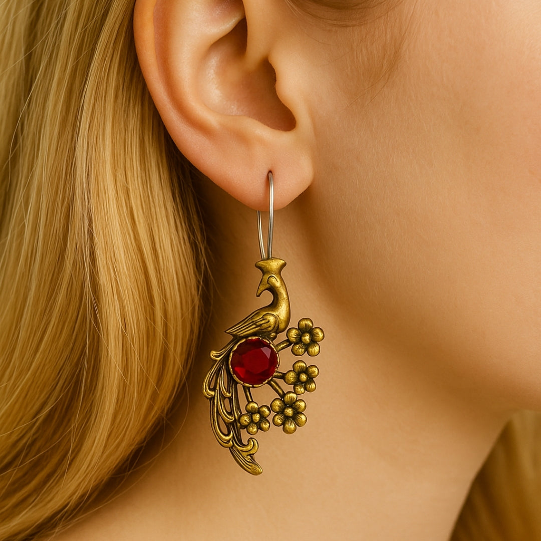 Ruby Peacock Earrings | Solid Sterling Silver Mystic Jewelry | Juno’s Phoenix Ruby | Legend of the Phoenix Rebirth | Spiritual Gift for Her