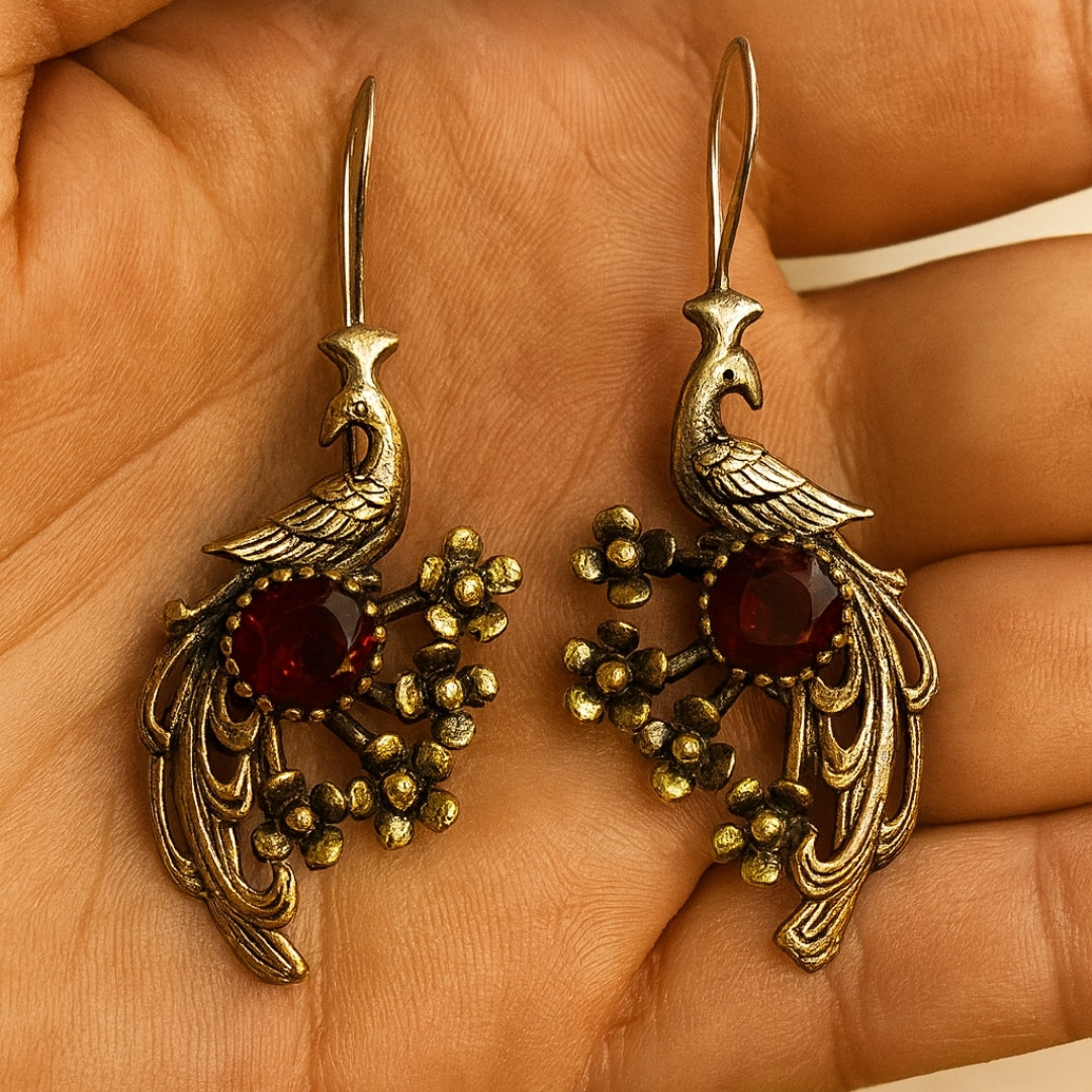 Ruby Peacock Earrings | Solid Sterling Silver Mystic Jewelry | Juno’s Phoenix Ruby | Legend of the Phoenix Rebirth | Spiritual Gift for Her