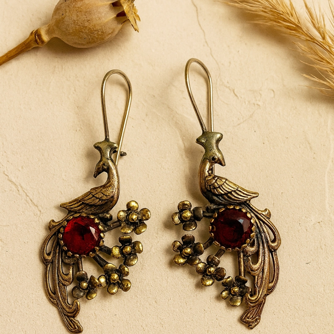 Ruby Peacock Earrings | Solid Sterling Silver Mystic Jewelry | Juno’s Phoenix Ruby | Legend of the Phoenix Rebirth | Spiritual Gift for Her