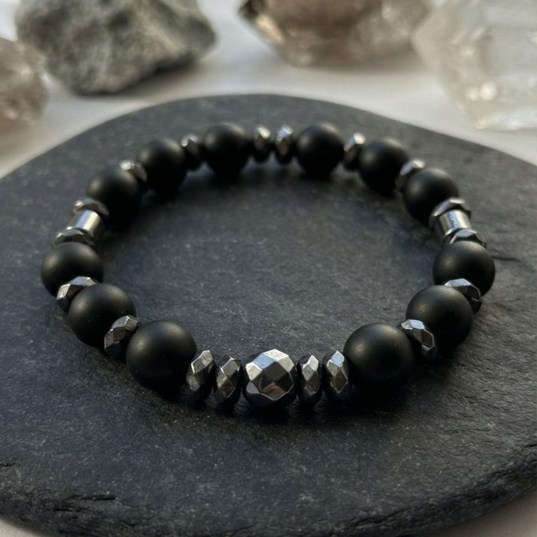 Men’s Black Onyx Bracelet, Natural Hematite Gemstone, Grounding Protection Jewelry, Spiritual Gift for Him