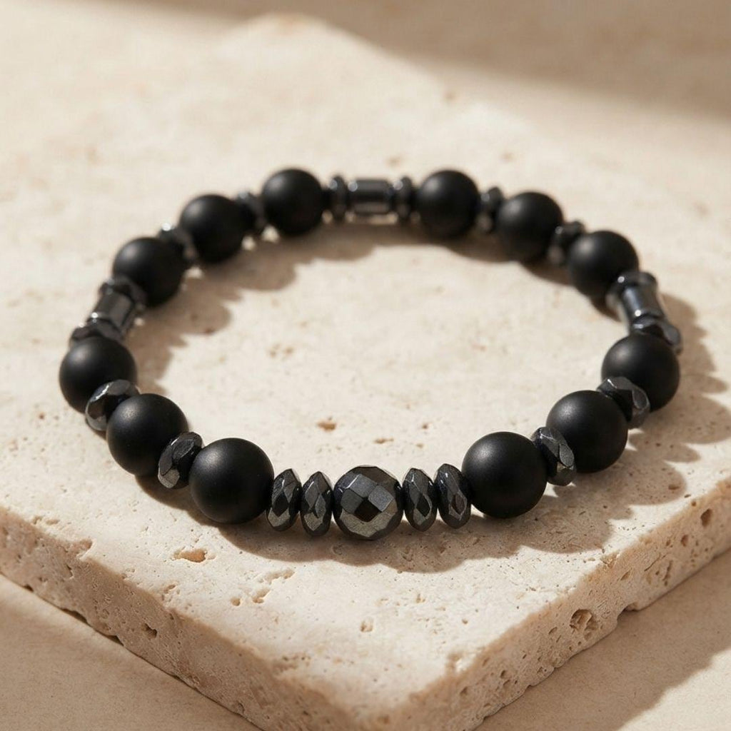 Men’s Black Onyx Bracelet, Natural Hematite Gemstone, Grounding Protection Jewelry, Spiritual Gift for Him