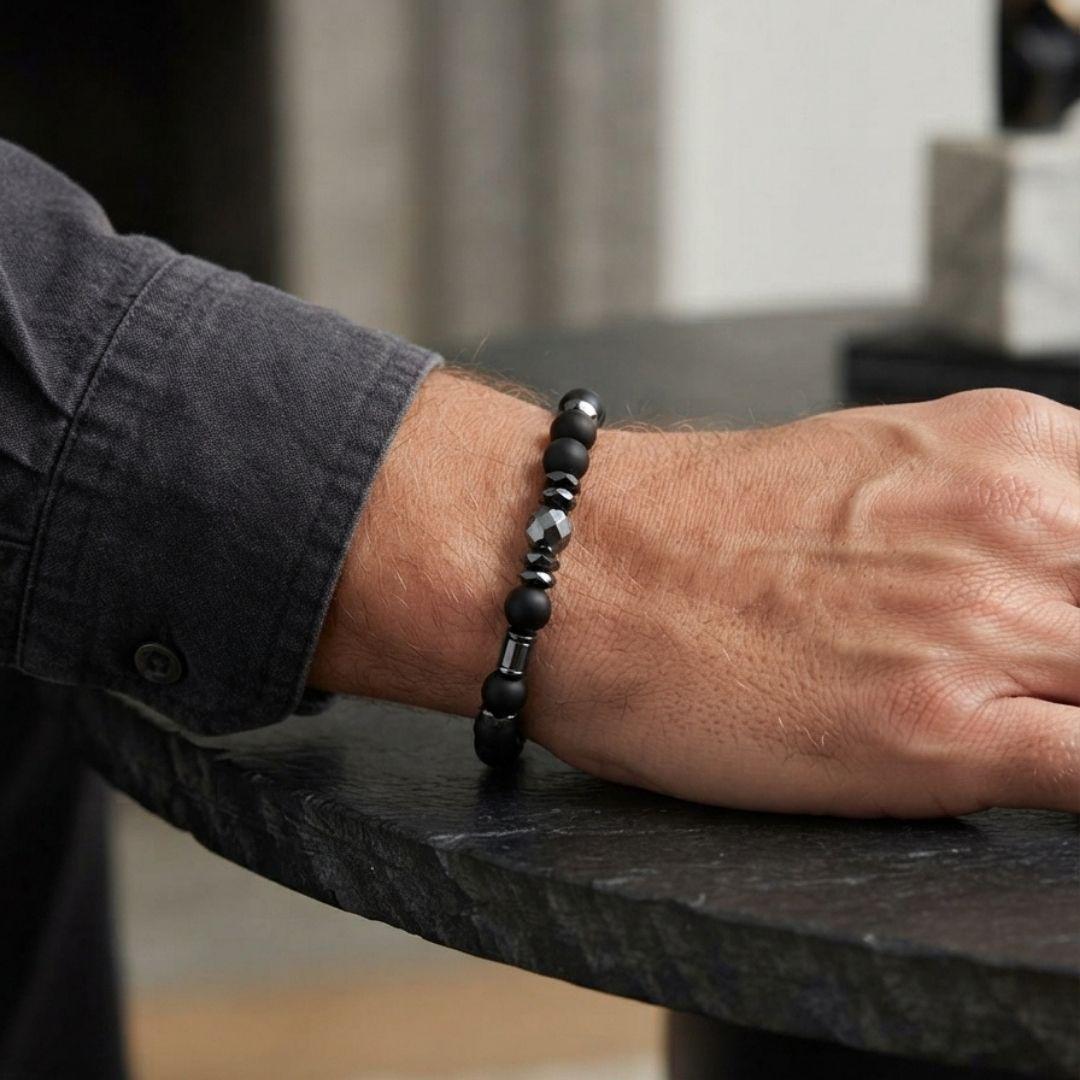 Men’s Black Onyx Bracelet, Natural Hematite Gemstone, Grounding Protection Jewelry, Spiritual Gift for Him
