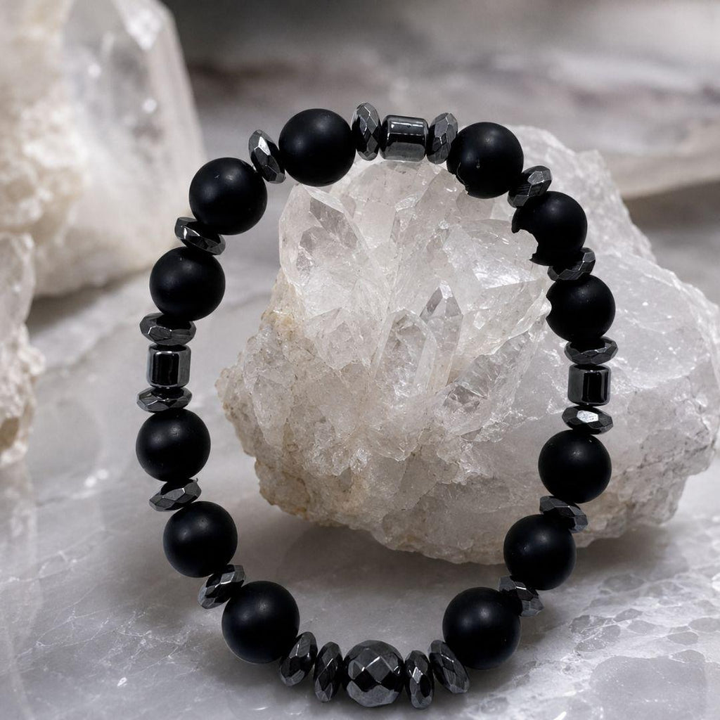 Men’s Black Onyx Bracelet, Natural Hematite Gemstone, Grounding Protection Jewelry, Spiritual Gift for Him