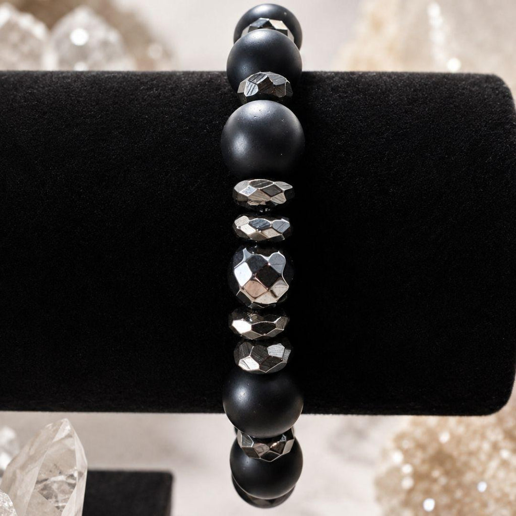 Men’s Black Onyx Bracelet, Natural Hematite Gemstone, Grounding Protection Jewelry, Spiritual Gift for Him