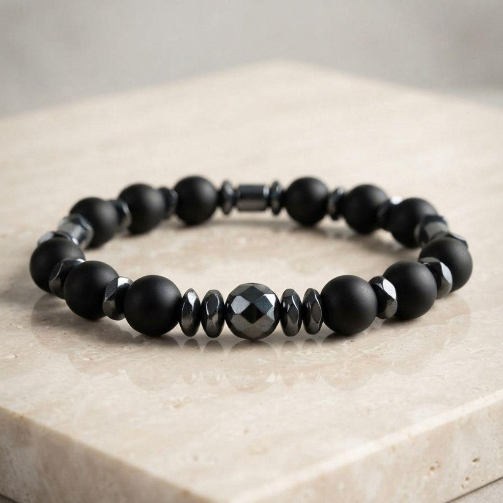 Men’s Black Onyx Bracelet, Natural Hematite Gemstone, Grounding Protection Jewelry, Spiritual Gift for Him