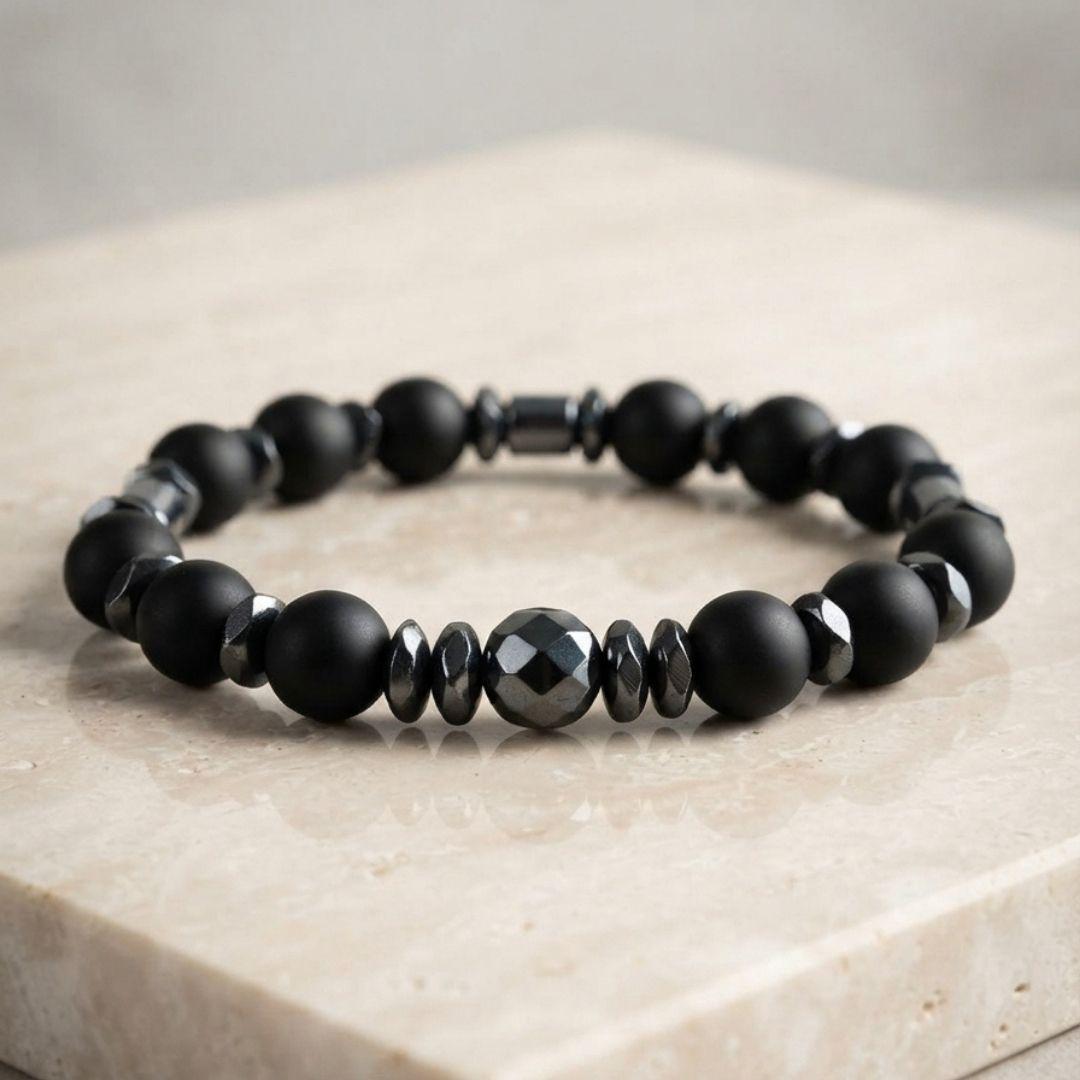 Men’s Black Onyx Bracelet, Natural Hematite Gemstone, Grounding Protection Jewelry, Spiritual Gift for Him