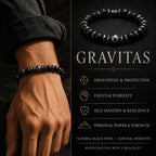 A men's beaded bracelet made of black onyx and hematite beads, shown worn on a person's wrist on the left and as a product shot on the right. The right side features a dark background with the brand name 'GRAVITAS' and product benefits listed in white and gold text.