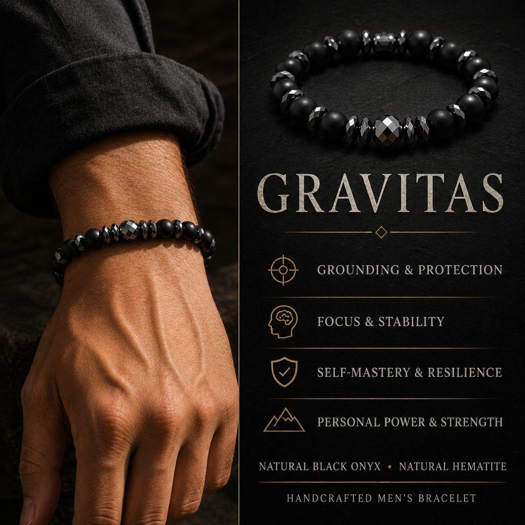 A men's beaded bracelet made of black onyx and hematite beads, shown worn on a person's wrist on the left and as a product shot on the right. The right side features a dark background with the brand name 'GRAVITAS' and product benefits listed in white and gold text.