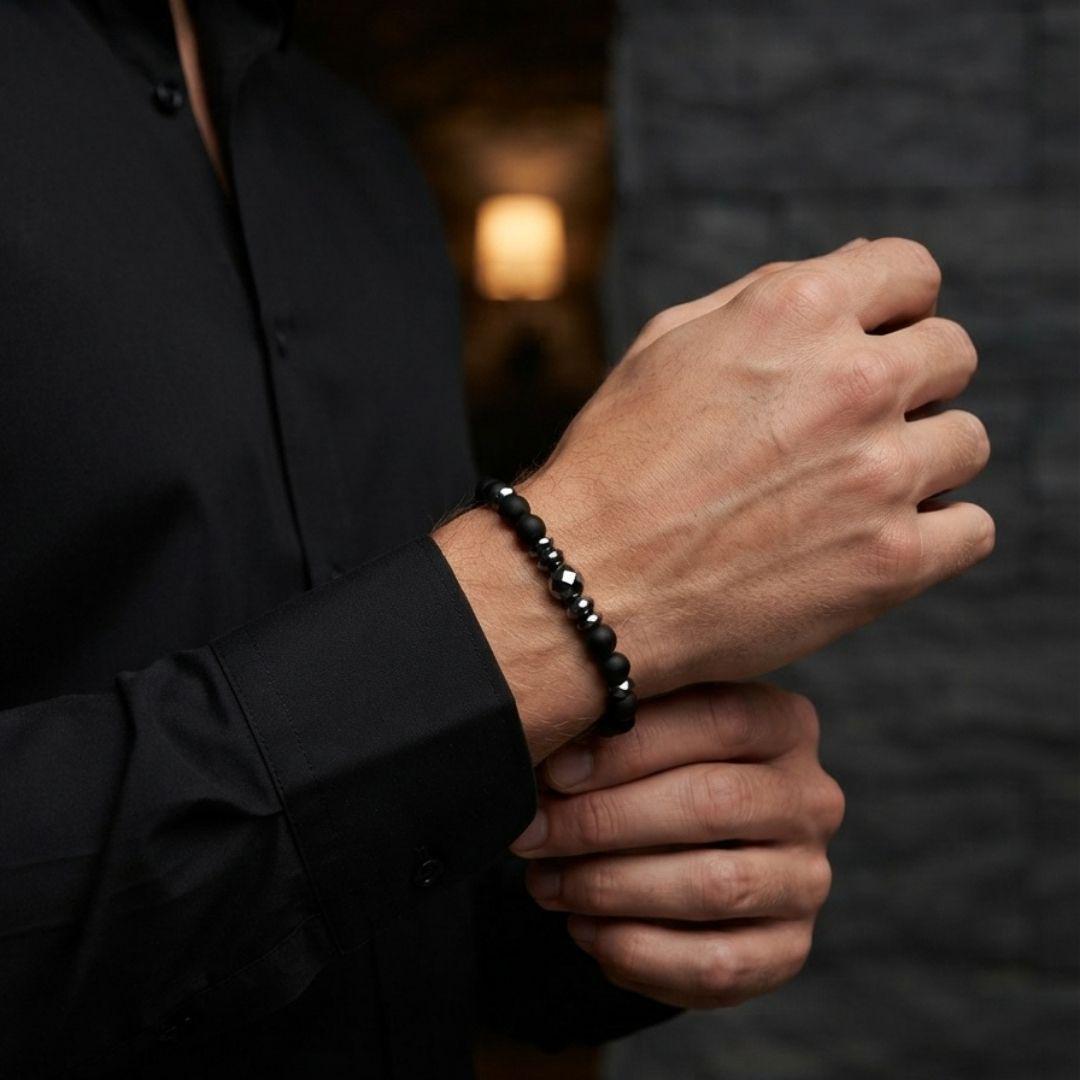 Men’s Black Onyx Bracelet, Natural Hematite Gemstone, Grounding Protection Jewelry, Spiritual Gift for Him