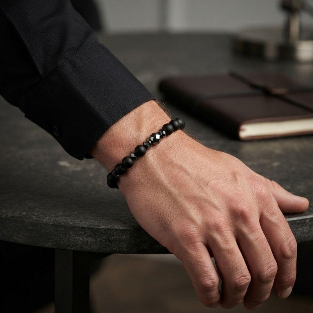 Men’s Black Onyx Bracelet, Natural Hematite Gemstone, Grounding Protection Jewelry, Spiritual Gift for Him