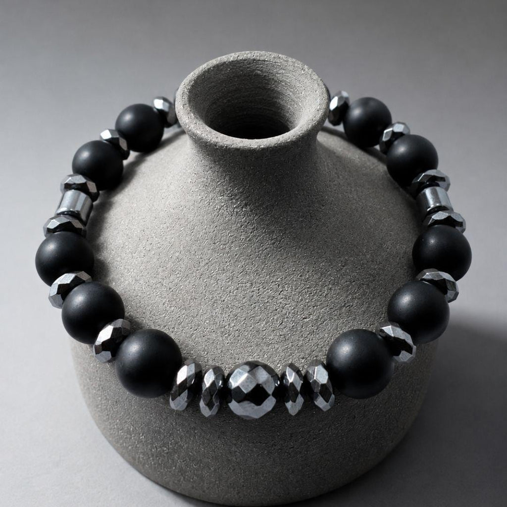 Men’s Black Onyx Bracelet, Natural Hematite Gemstone, Grounding Protection Jewelry, Spiritual Gift for Him