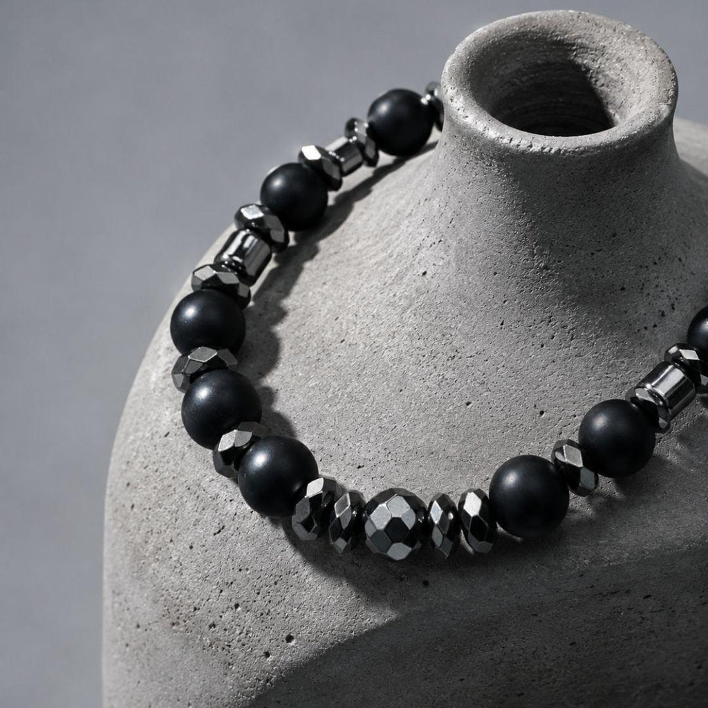 Men’s Black Onyx Bracelet, Natural Hematite Gemstone, Grounding Protection Jewelry, Spiritual Gift for Him
