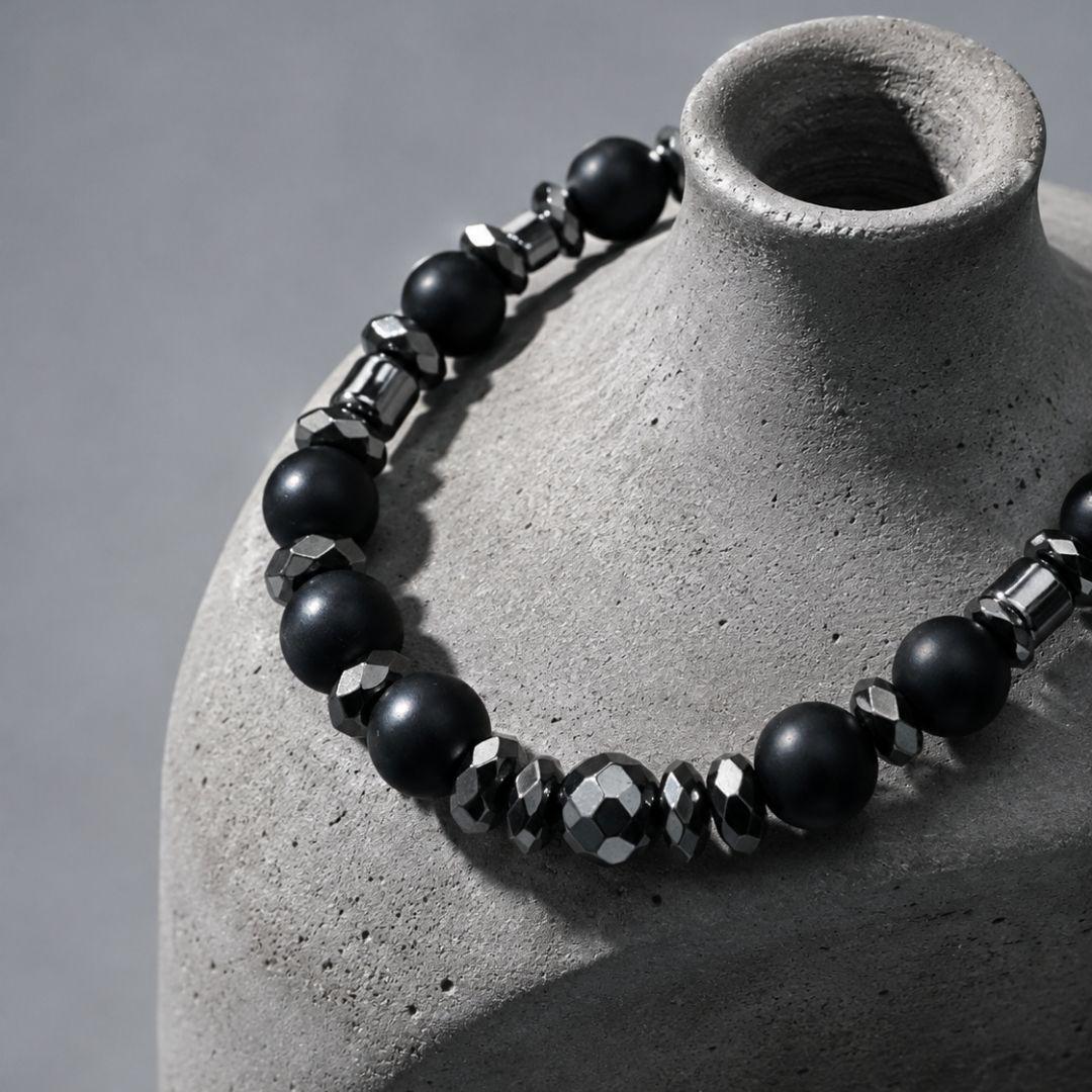 Men’s Black Onyx Bracelet, Natural Hematite Gemstone, Grounding Protection Jewelry, Spiritual Gift for Him