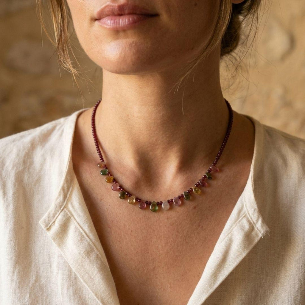 Eos Natural Garnet & Multicolor Tourmaline Necklace, 925 Sterling Silver Gemstone Talisman, Dainty Collarbone Jewelry