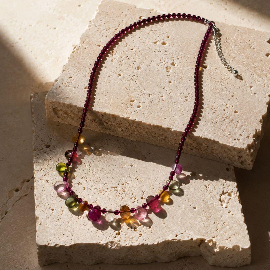 Eos Natural Garnet & Multicolor Tourmaline Necklace, 925 Sterling Silver Gemstone Talisman, Dainty Collarbone Jewelry