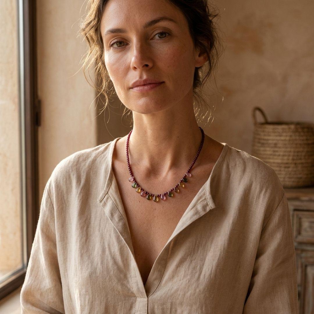 Eos Natural Garnet & Multicolor Tourmaline Necklace, 925 Sterling Silver Gemstone Talisman, Dainty Collarbone Jewelry