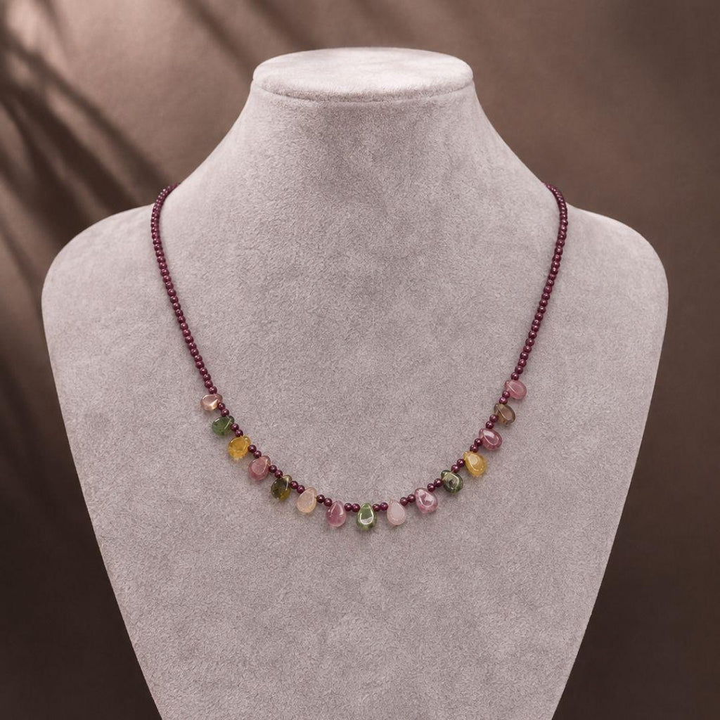 Eos Natural Garnet & Multicolor Tourmaline Necklace, 925 Sterling Silver Gemstone Talisman, Dainty Collarbone Jewelry