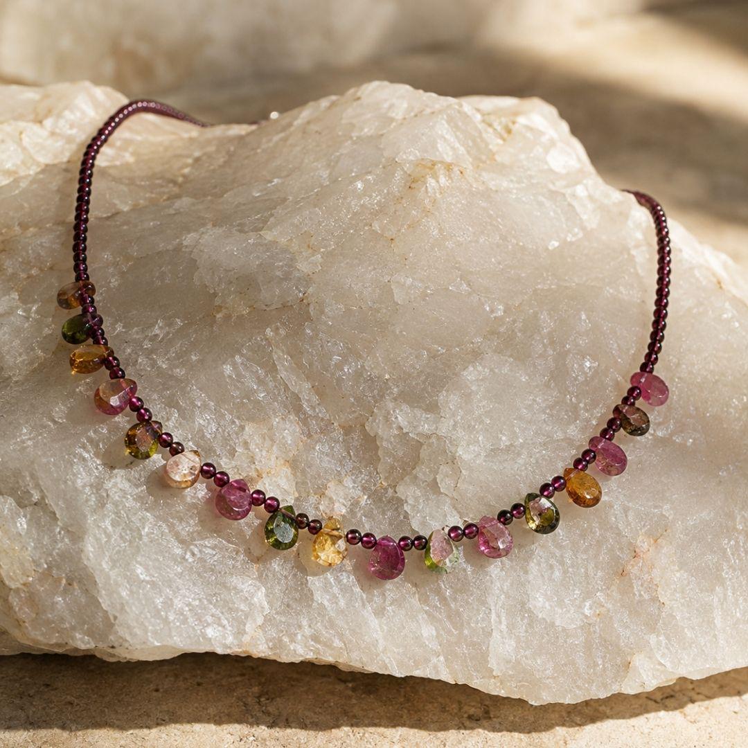 Eos Natural Garnet & Multicolor Tourmaline Necklace, 925 Sterling Silver Gemstone Talisman, Dainty Collarbone Jewelry