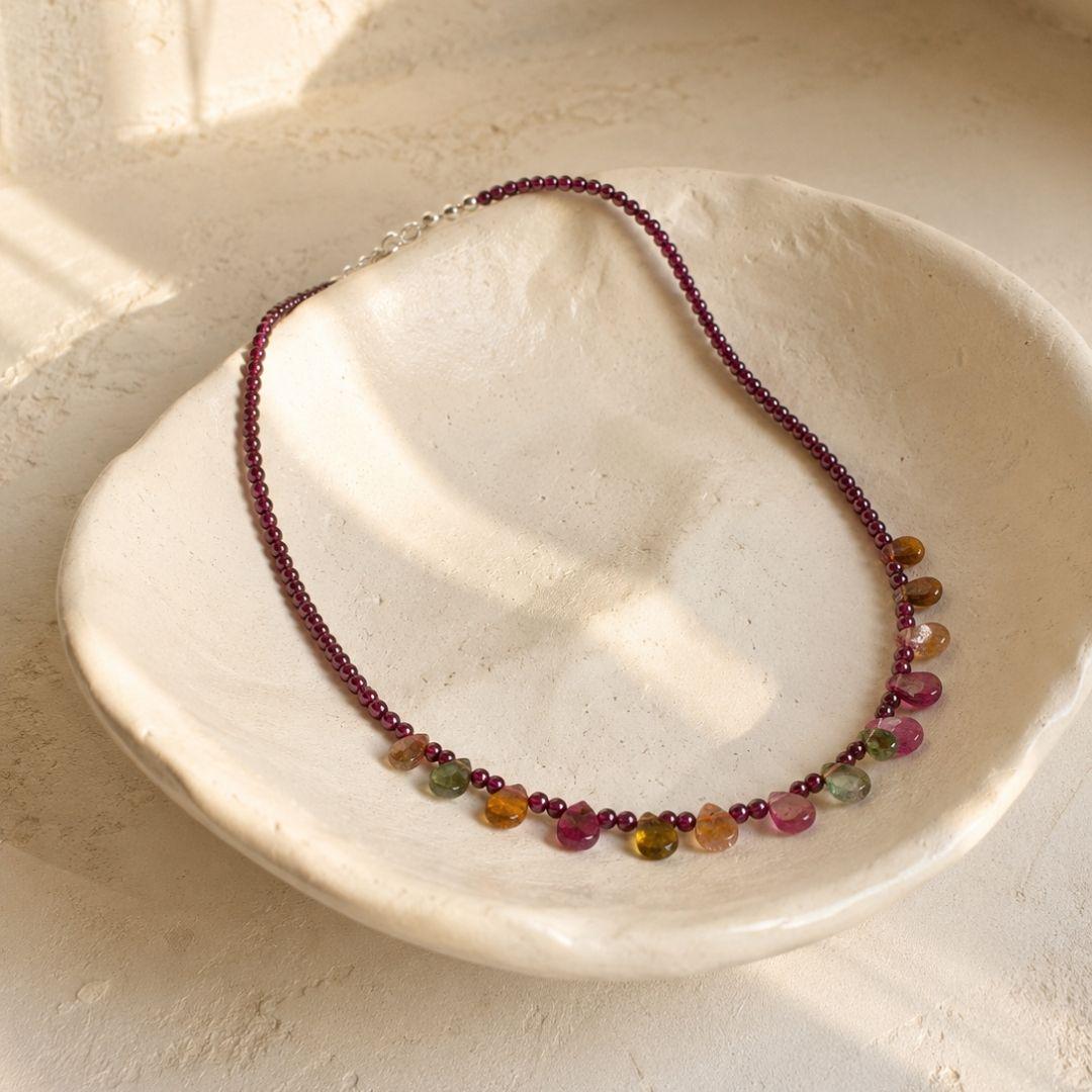 Eos Natural Garnet & Multicolor Tourmaline Necklace, 925 Sterling Silver Gemstone Talisman, Dainty Collarbone Jewelry