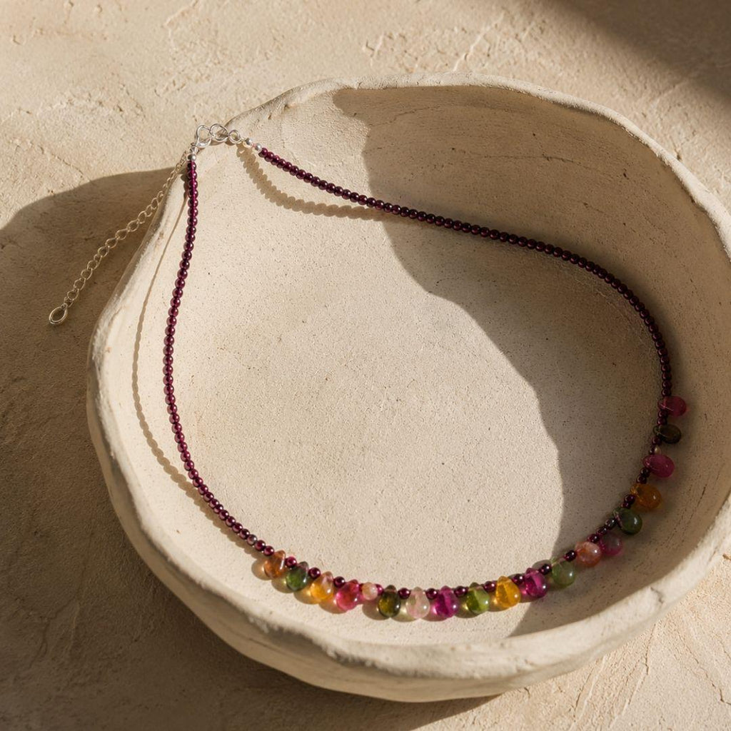 Eos Natural Garnet & Multicolor Tourmaline Necklace, 925 Sterling Silver Gemstone Talisman, Dainty Collarbone Jewelry