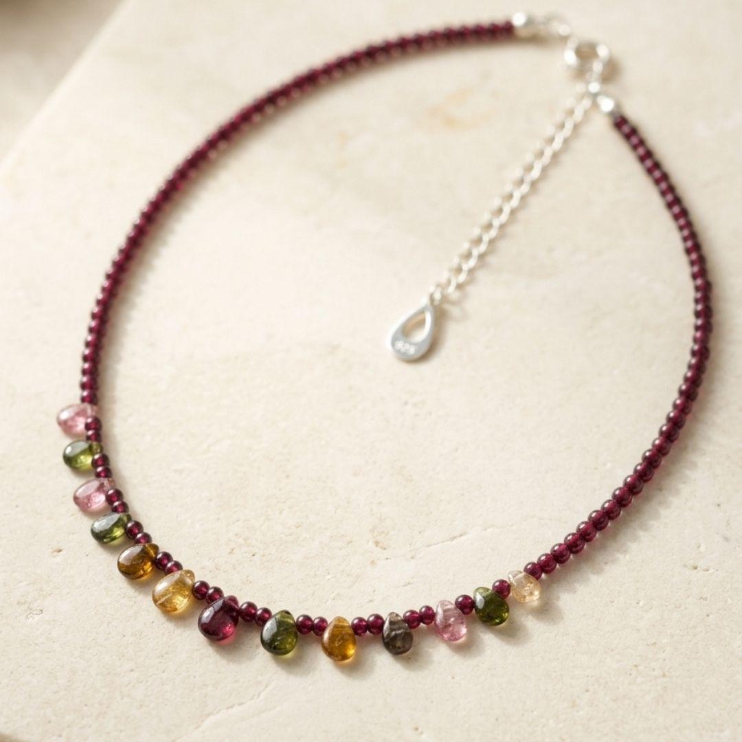 Eos Natural Garnet & Multicolor Tourmaline Necklace, 925 Sterling Silver Gemstone Talisman, Dainty Collarbone Jewelry