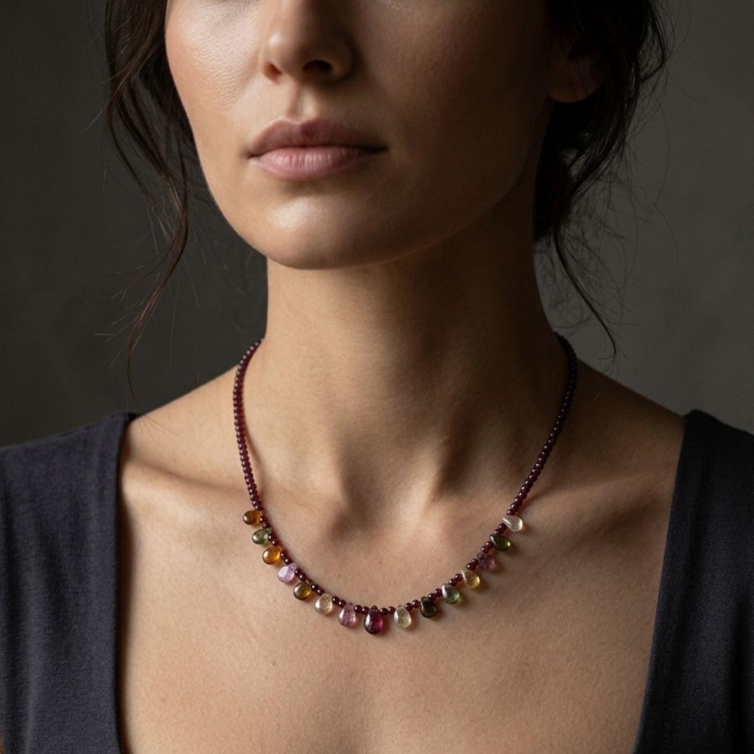 Eos Natural Garnet & Multicolor Tourmaline Necklace, 925 Sterling Silver Gemstone Talisman, Dainty Collarbone Jewelry