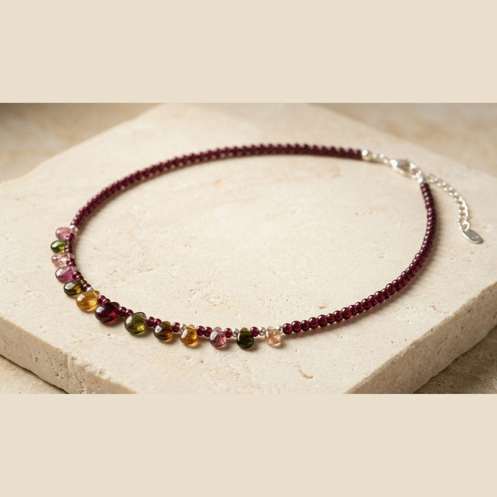 Eos Natural Garnet & Multicolor Tourmaline Necklace, 925 Sterling Silver Gemstone Talisman, Dainty Collarbone Jewelry