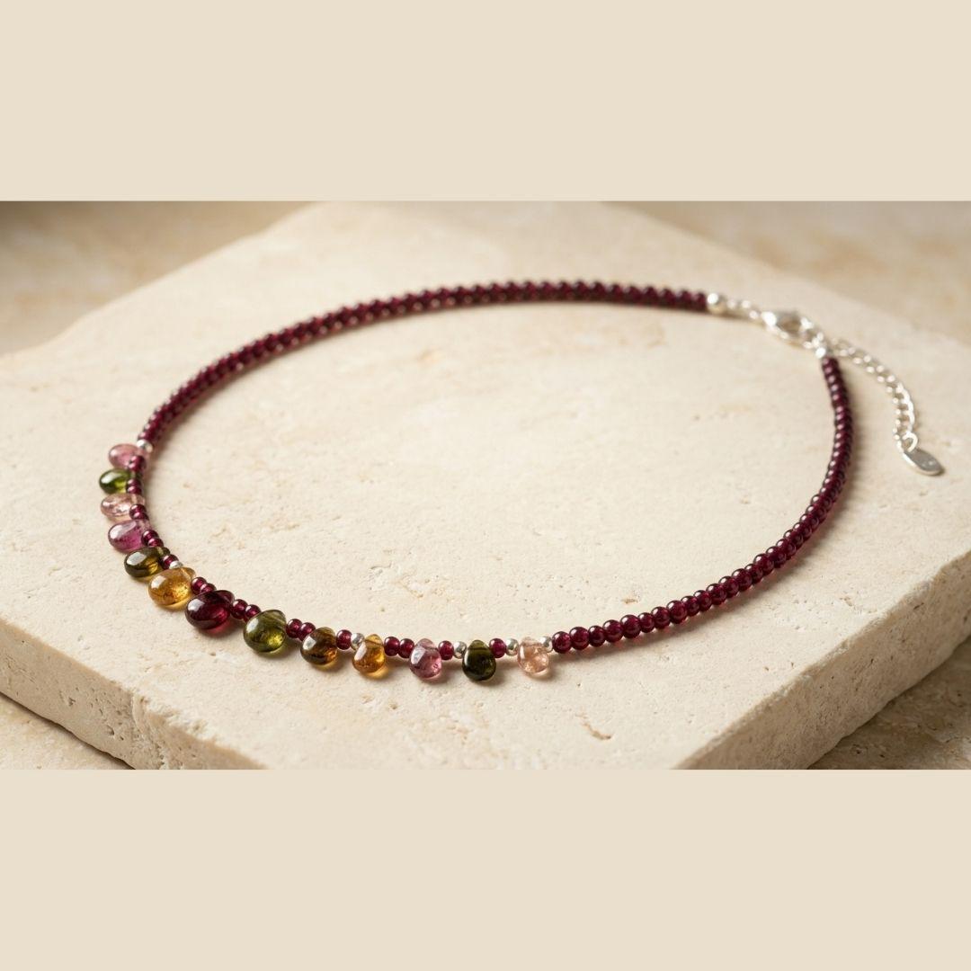 Eos Natural Garnet & Multicolor Tourmaline Necklace, 925 Sterling Silver Gemstone Talisman, Dainty Collarbone Jewelry