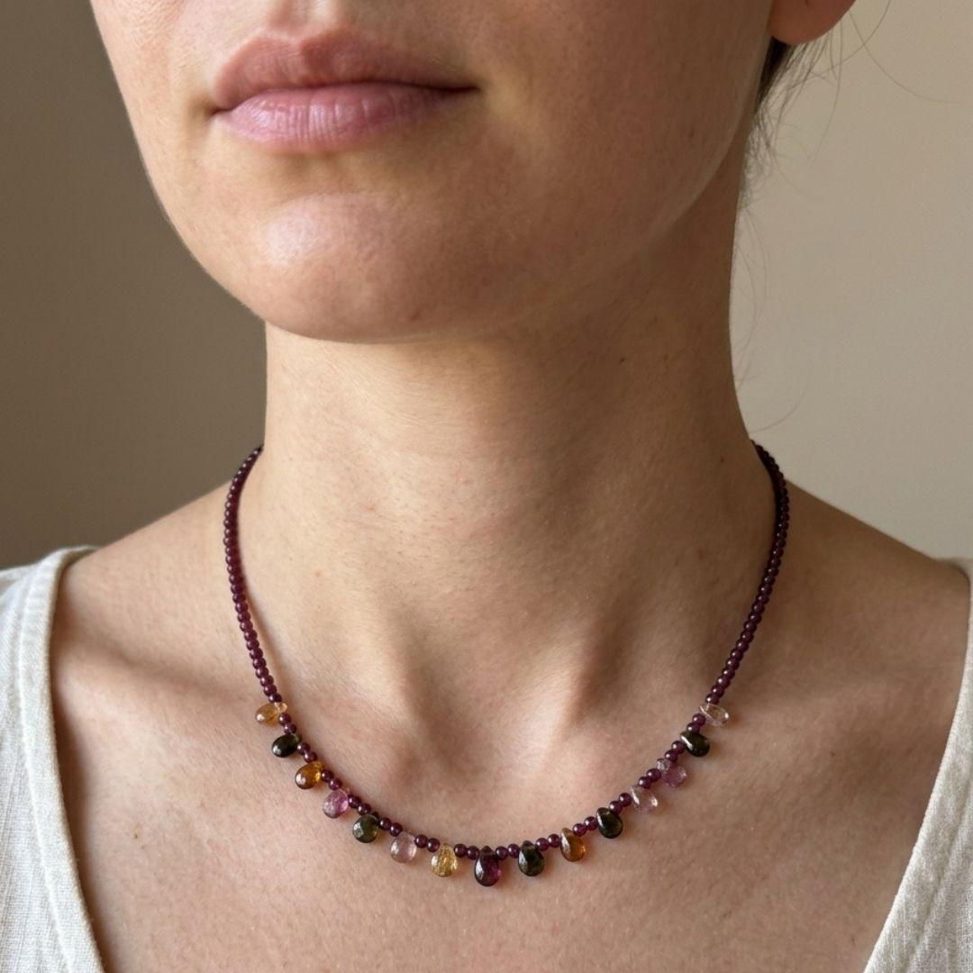 Eos Natural Garnet & Multicolor Tourmaline Necklace, 925 Sterling Silver Gemstone Talisman, Dainty Collarbone Jewelry