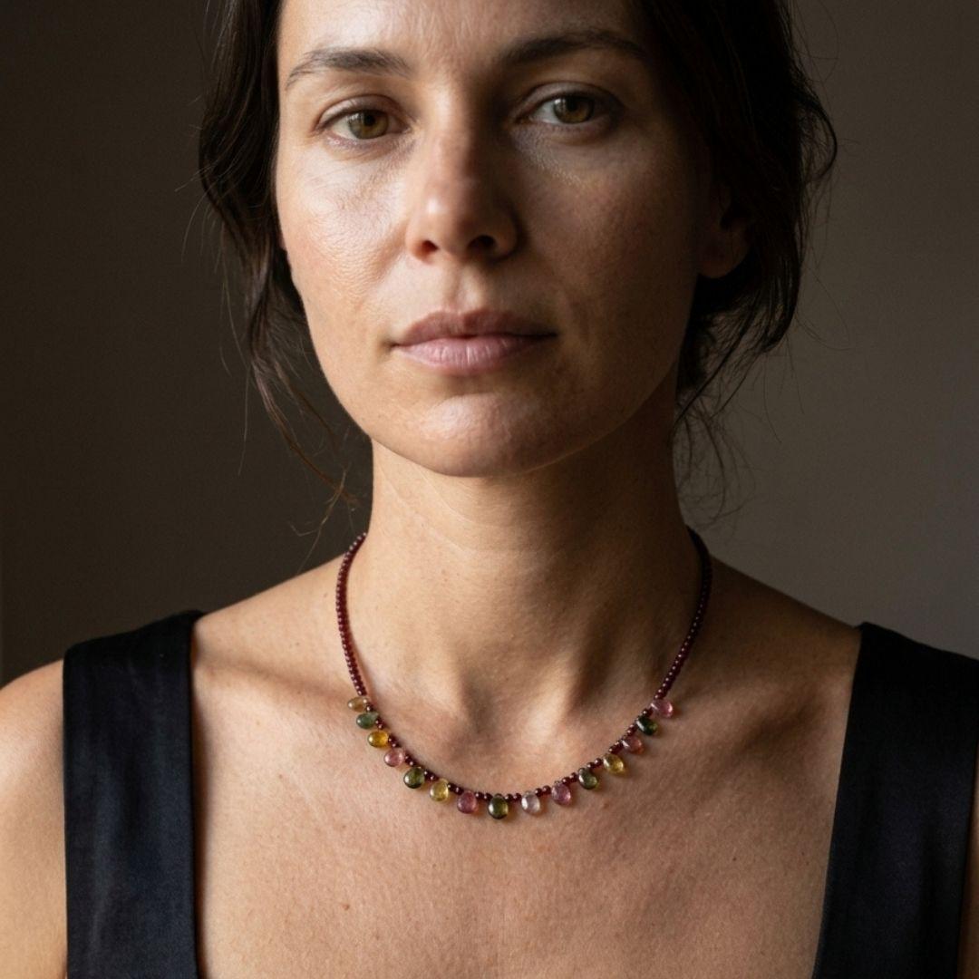 Eos Natural Garnet & Multicolor Tourmaline Necklace, 925 Sterling Silver Gemstone Talisman, Dainty Collarbone Jewelry