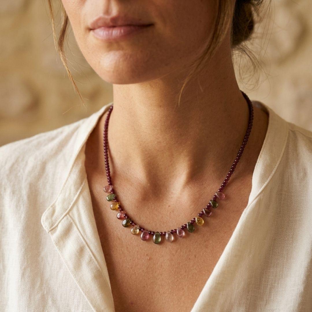 Eos Natural Garnet & Multicolor Tourmaline Necklace, 925 Sterling Silver Gemstone Talisman, Dainty Collarbone Jewelry