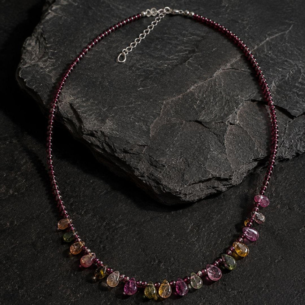 Eos Natural Garnet & Multicolor Tourmaline Necklace, 925 Sterling Silver Gemstone Talisman, Dainty Collarbone Jewelry