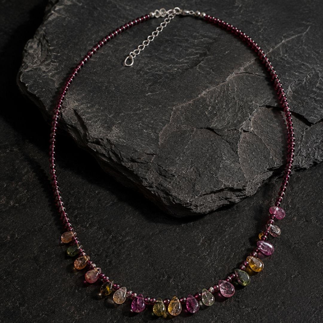 Eos Natural Garnet & Multicolor Tourmaline Necklace, 925 Sterling Silver Gemstone Talisman, Dainty Collarbone Jewelry