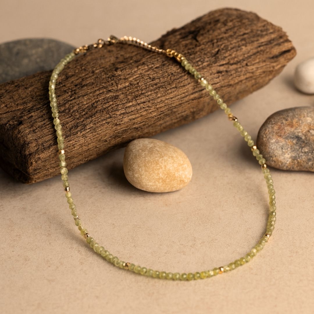 Peridot Necklace | 3 mm Faceted Green Peridot with Gold Accents