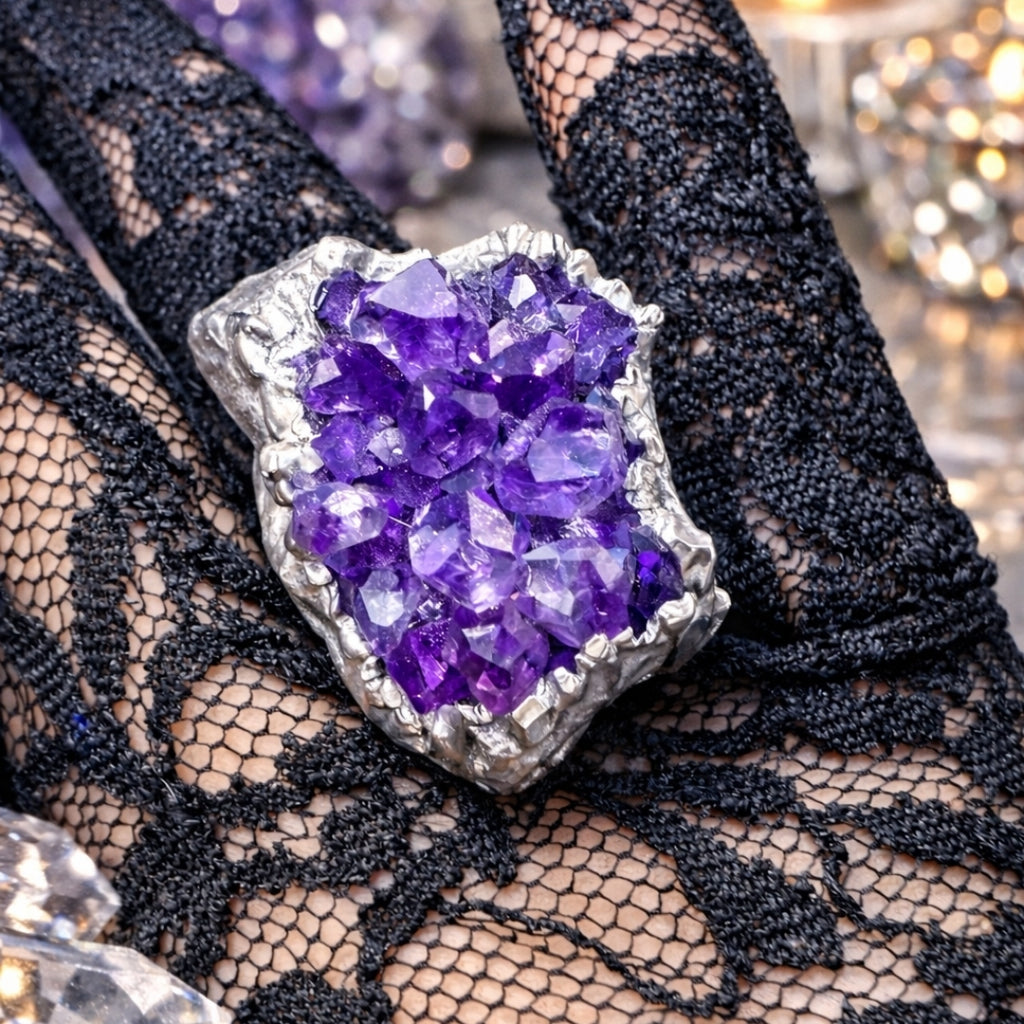 Raw  Amethyst Ring  |  Gaia Codex — PRIMAL FORM | Raw Crystal Statement Ring | Adjustable Silver-Plated Ring | Unique Artisan Jewelry