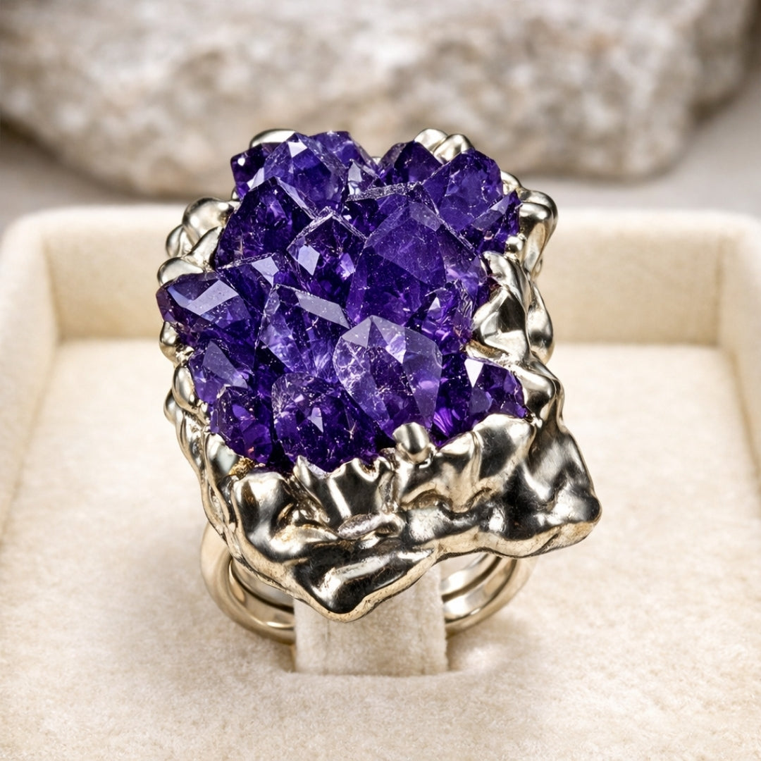 Raw  Amethyst Ring  |  Gaia Codex — PRIMAL FORM | Raw Crystal Statement Ring | Adjustable Silver-Plated Ring | Unique Artisan Jewelry
