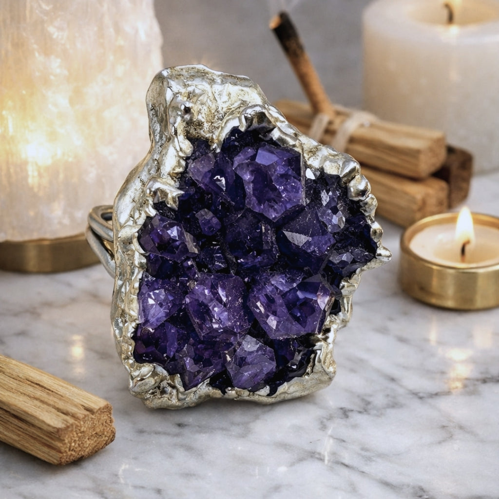 Raw  Amethyst Ring  |  Gaia Codex — PRIMAL FORM | Raw Crystal Statement Ring | Adjustable Silver-Plated Ring | Unique Artisan Jewelry