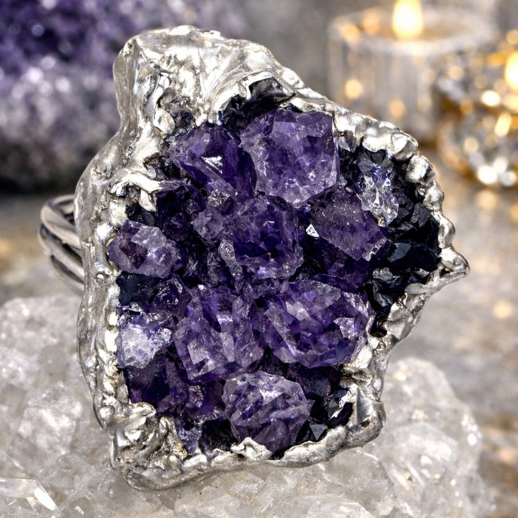 Raw  Amethyst Ring  |  Gaia Codex — PRIMAL FORM | Raw Crystal Statement Ring | Adjustable Silver-Plated Ring | Unique Artisan Jewelry