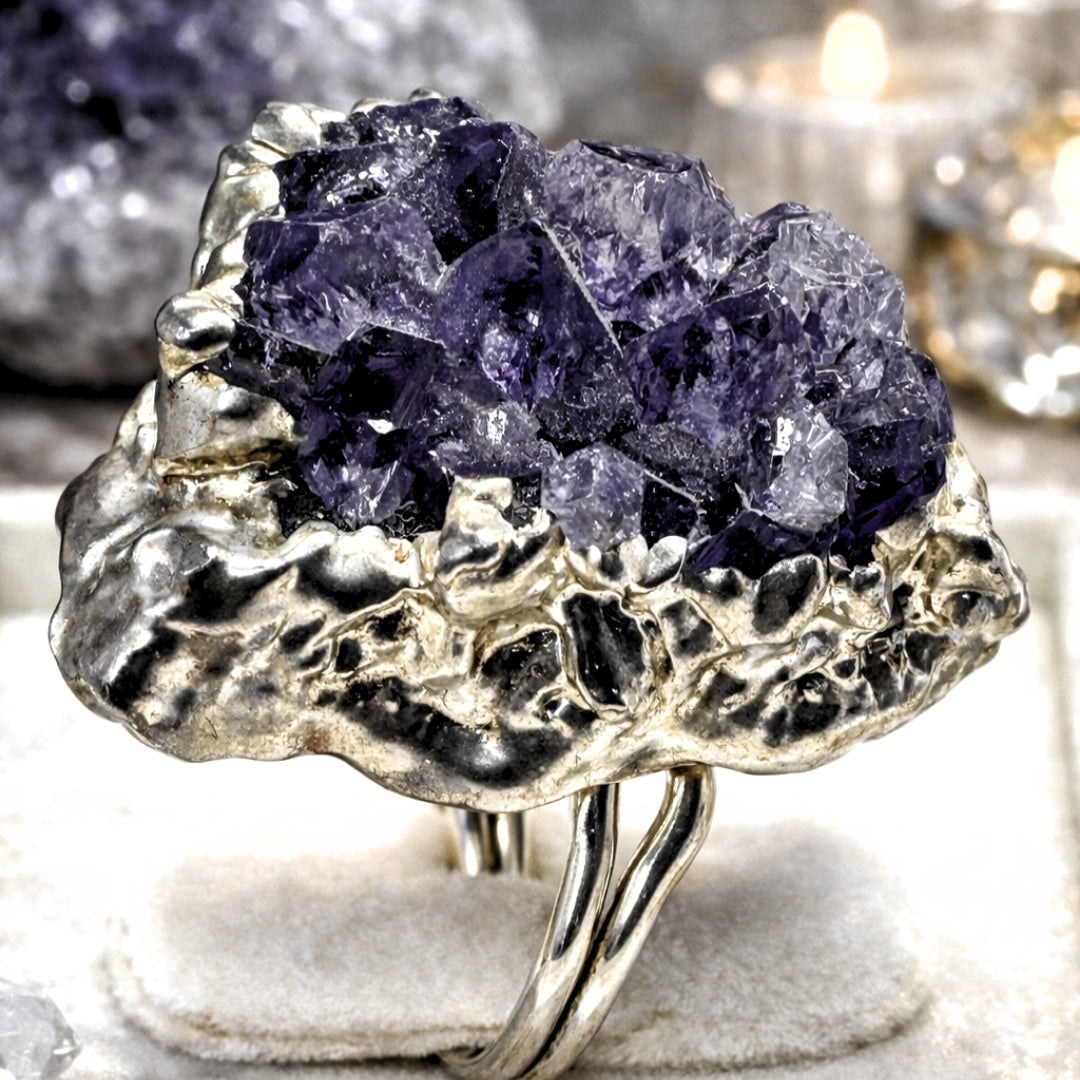 Raw  Amethyst Ring  |  Gaia Codex — PRIMAL FORM | Raw Crystal Statement Ring | Adjustable Silver-Plated Ring | Unique Artisan Jewelry