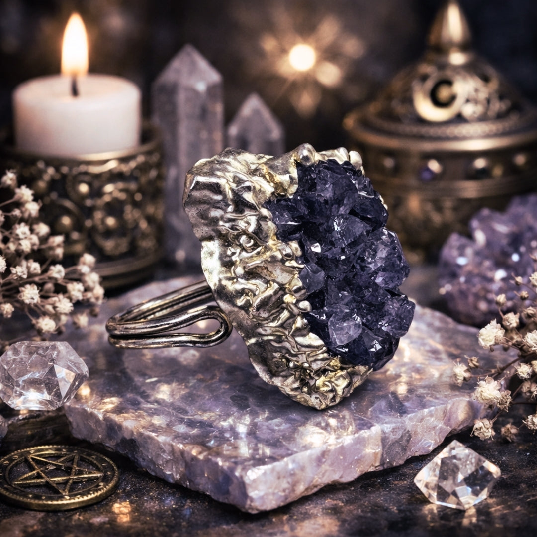 Raw  Amethyst Ring  |  Gaia Codex — PRIMAL FORM | Raw Crystal Statement Ring | Adjustable Silver-Plated Ring | Unique Artisan Jewelry