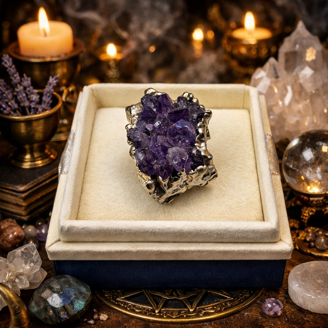 Raw  Amethyst Ring  |  Gaia Codex — PRIMAL FORM | Raw Crystal Statement Ring | Adjustable Silver-Plated Ring | Unique Artisan Jewelry