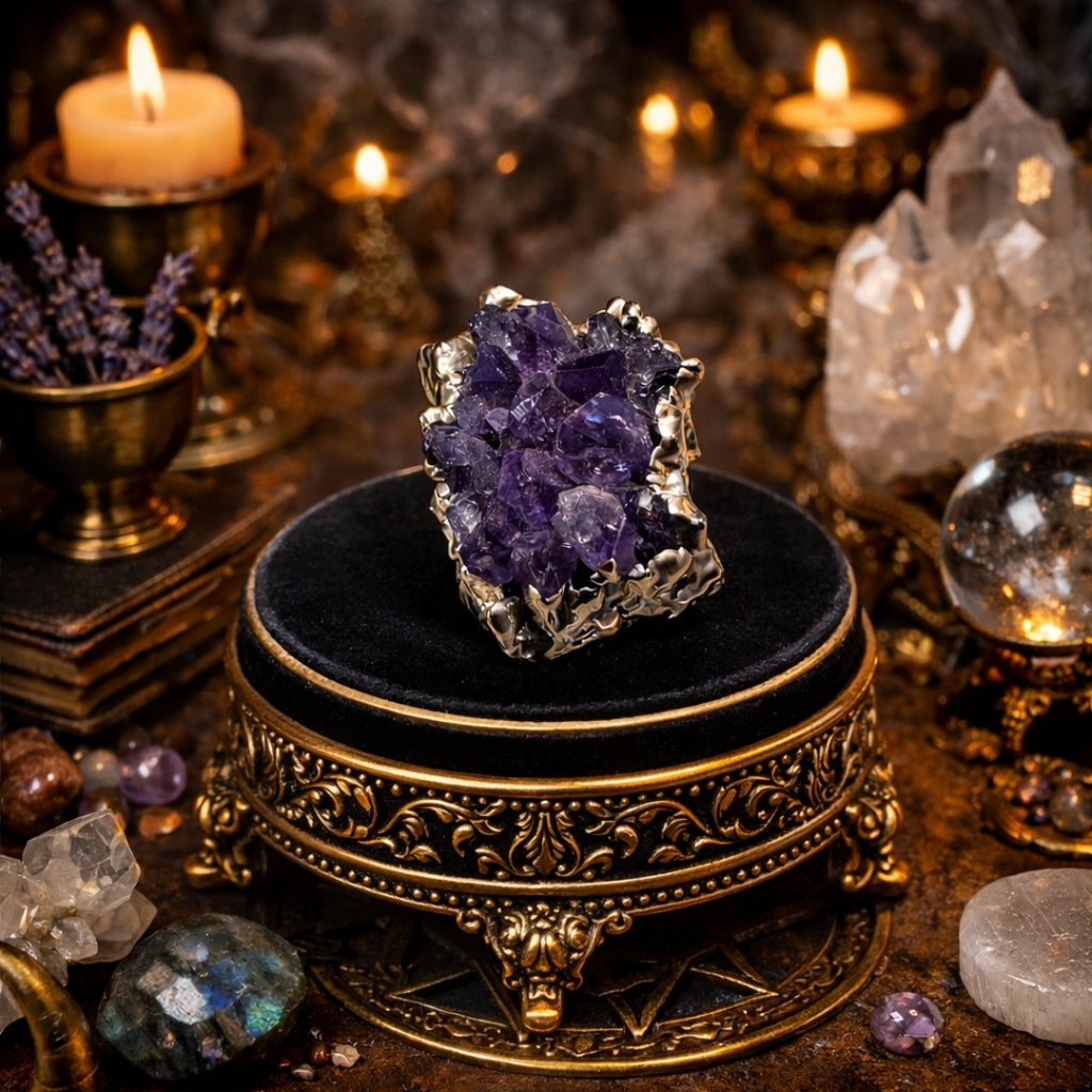 Raw  Amethyst Ring  |  Gaia Codex — PRIMAL FORM | Raw Crystal Statement Ring | Adjustable Silver-Plated Ring | Unique Artisan Jewelry