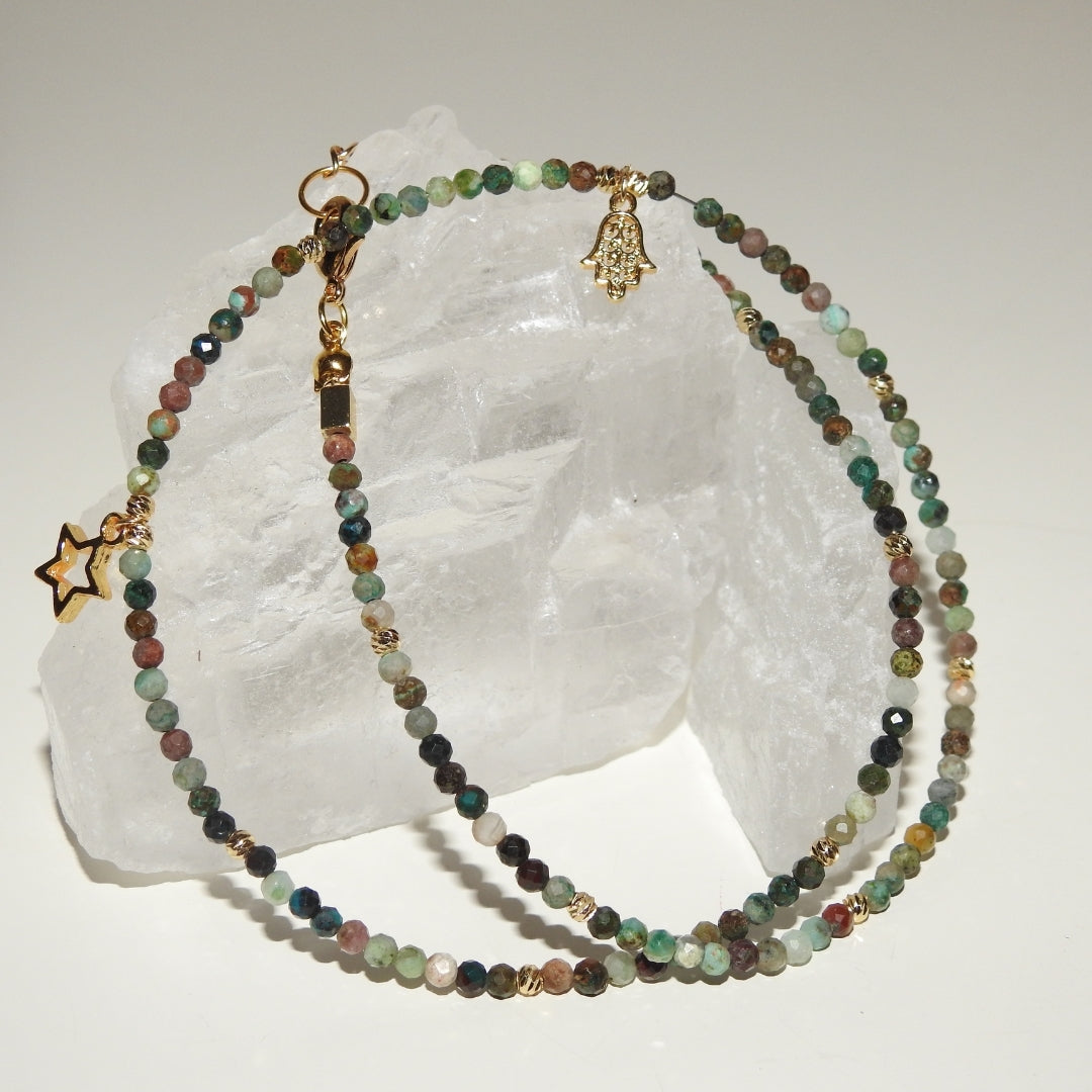 Chrysoprase Necklace 3 mm Faceted |Hamsa Star Talisman