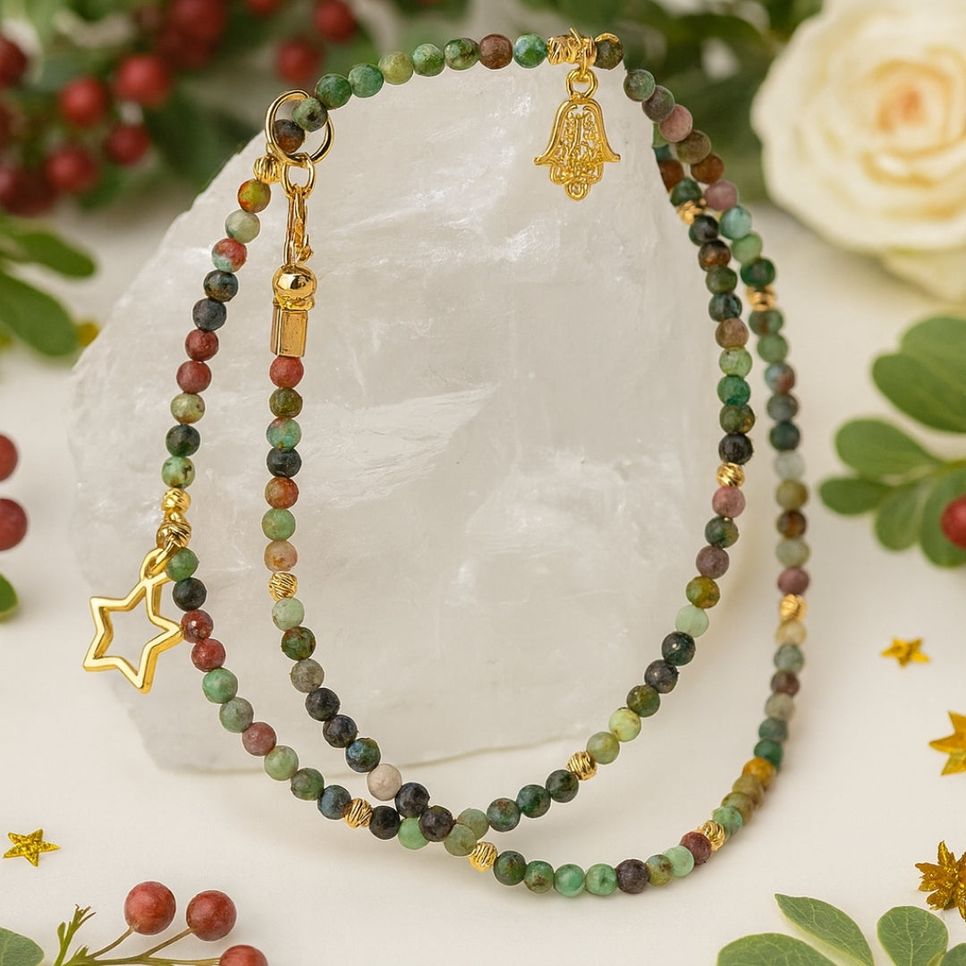 Chrysoprase Necklace 3 mm Faceted |Hamsa Star Talisman